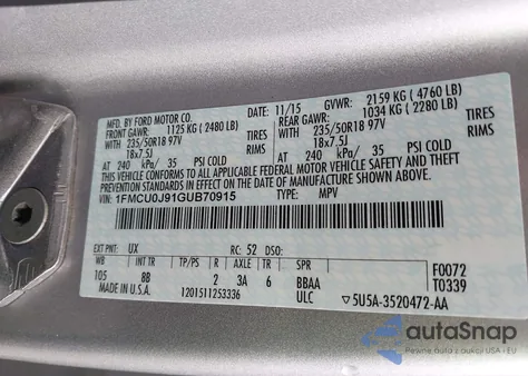 2016 Ford Escape Titanium z USA, uszkodzony, nr VIN 1FMCU0J91GUB70915